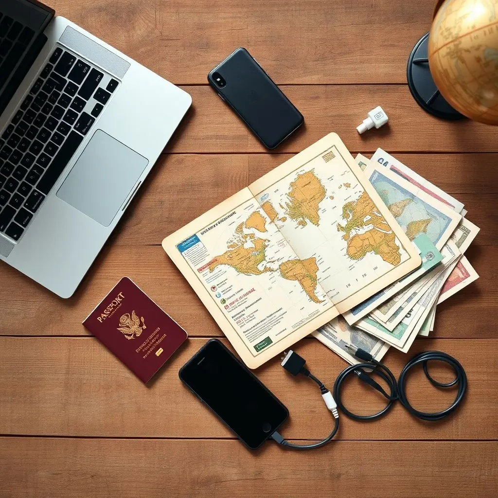 Flat lay showing a laptop, passport, plane ticket, currency, and map - digital nomad essentials