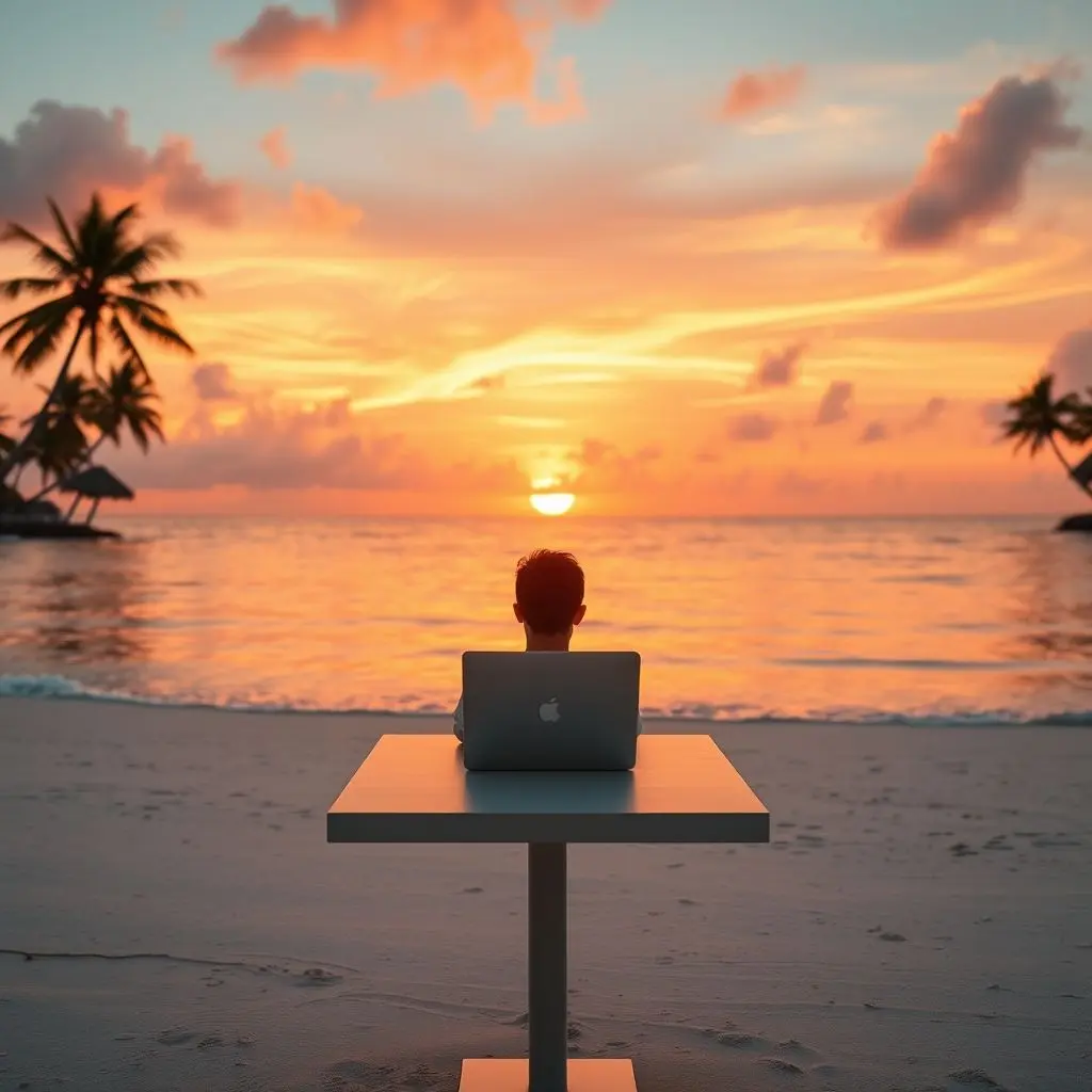 A person working on a laptop with a tropical beach in the background, illustrating digital nomad lifestyle