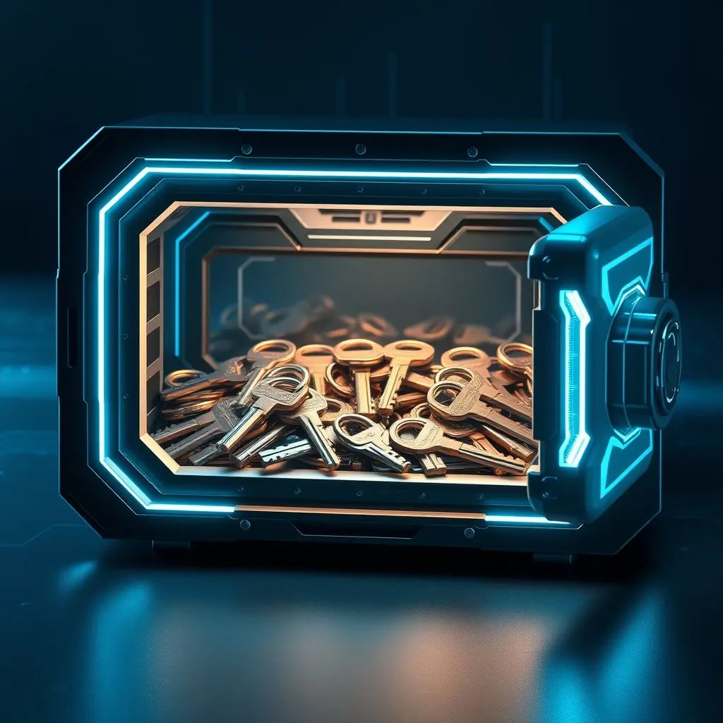 Illustration of a digital vault or secure box representing a password manager storing many keys.