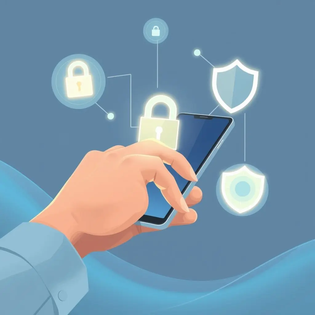 Illustration showing a hand holding a phone with security and privacy icons like a lock and shield floating around it.