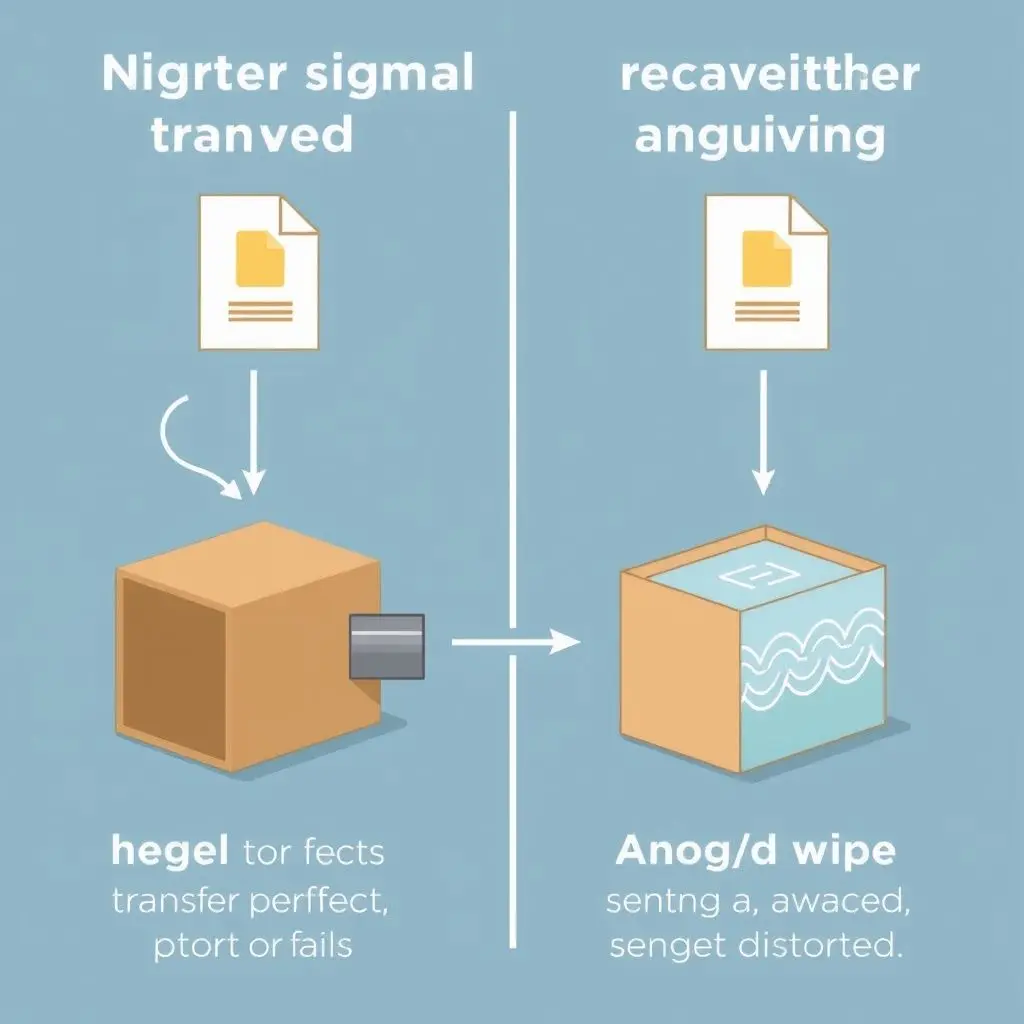 Illustration comparing digital signal transfer to sending a perfect file, contrasted with analog signal which can degrade.