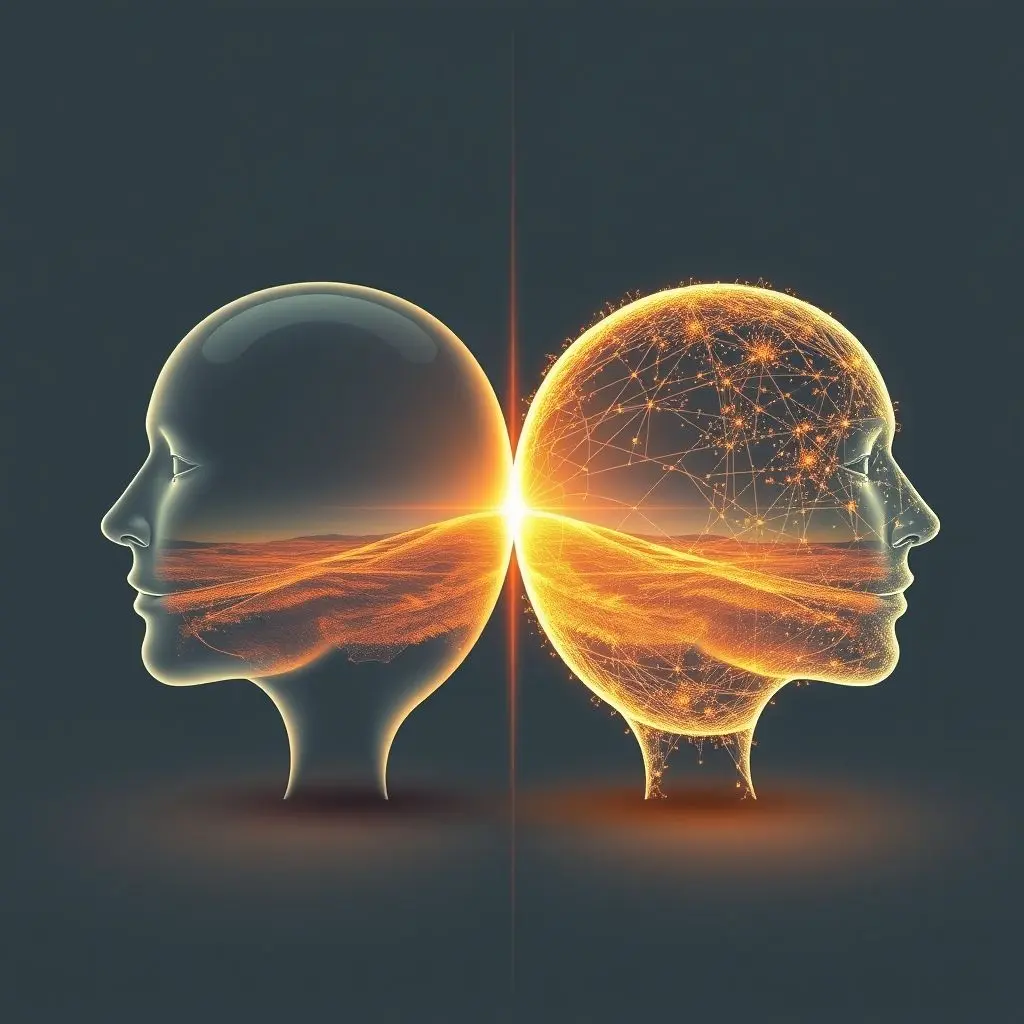 Abstract concept of a digital twin mirroring a complex reality with data flows indicated.