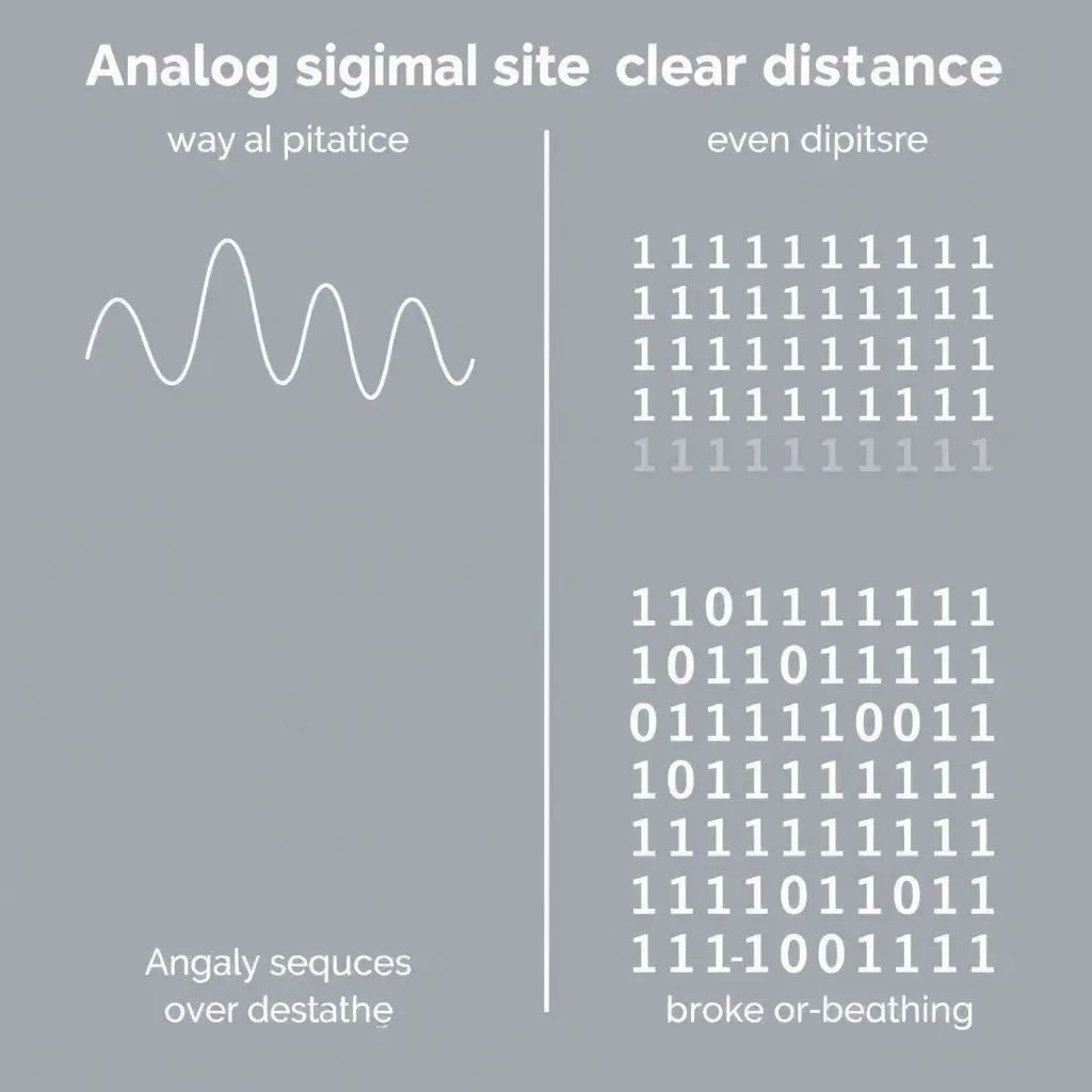Illustration comparing analog signal wave degradation to digital signal perfect or failed transmission
