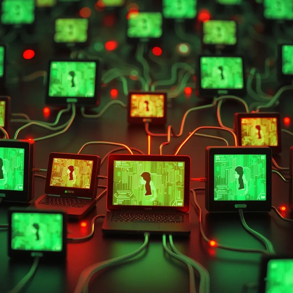 Abstract visualization of digital 'zombie' devices linked together menacingly