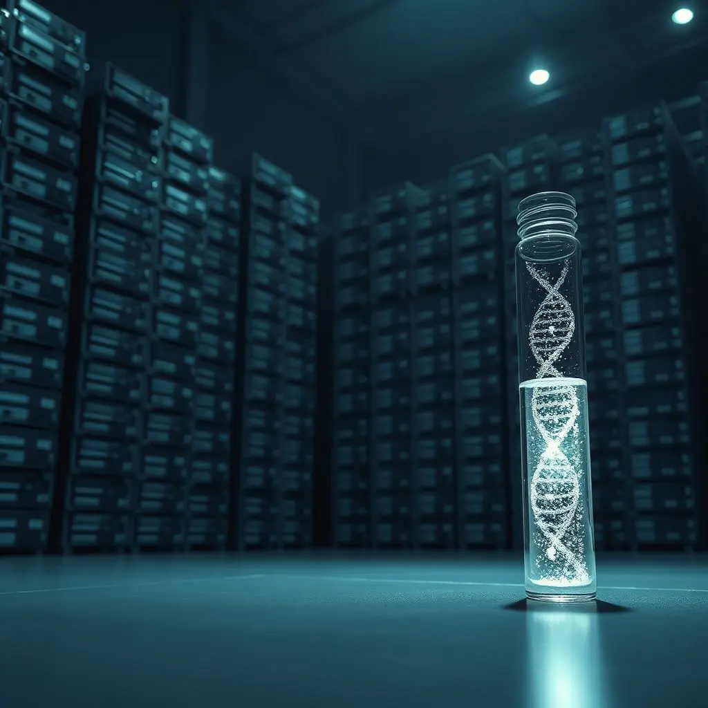Diagram showing a tiny vial of liquid containing DNA next to a stack of hard drives, illustrating the density difference.