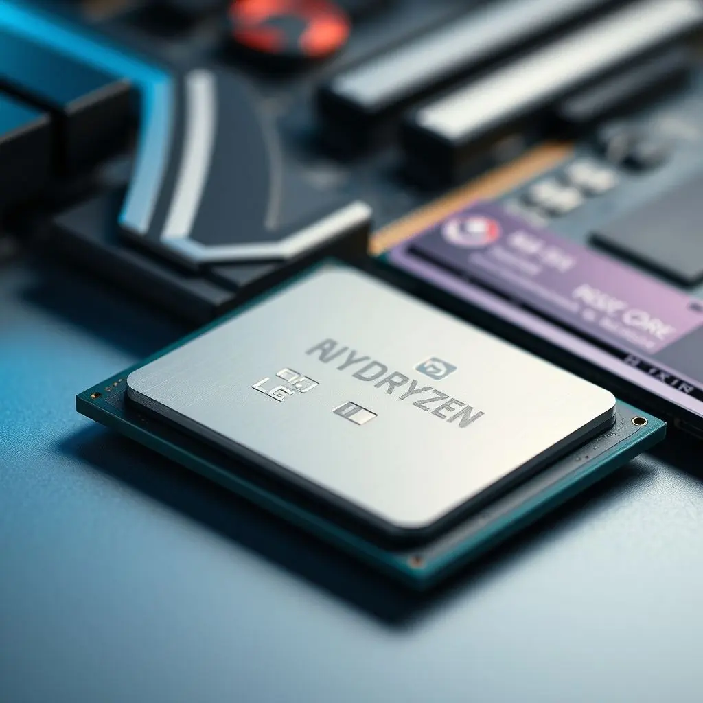 Close-up image showing modern PC components like a CPU on a motherboard socket and an SSD.