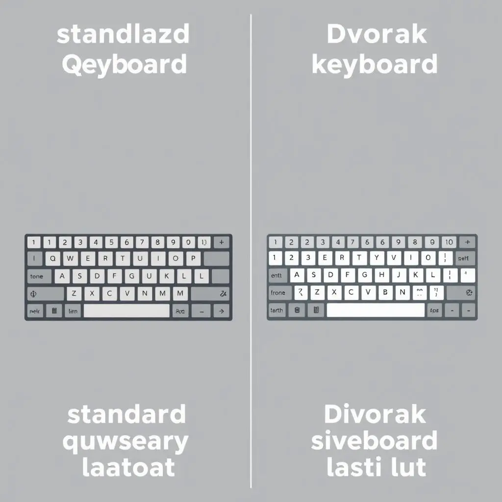 A visual comparison showing the QWERTY keyboard layout next to the Dvorak simplified keyboard layout, highlighting the different key arrangements.
