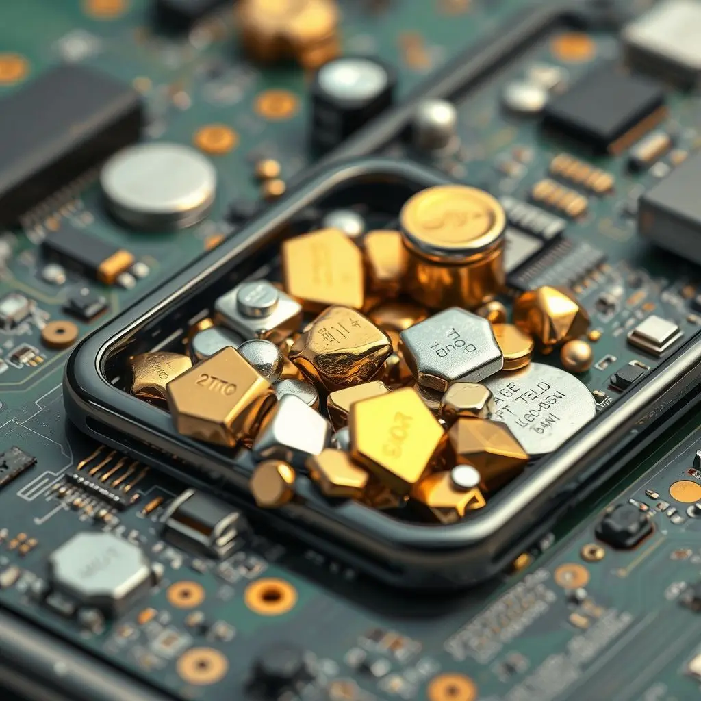 Close-up illustration showing valuable metals like gold, silver, and copper embedded within electronic components.