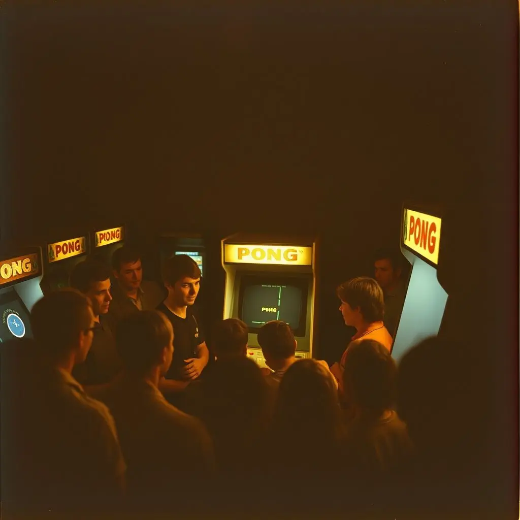Vintage arcade scene with people gathered around a Pong cabinet