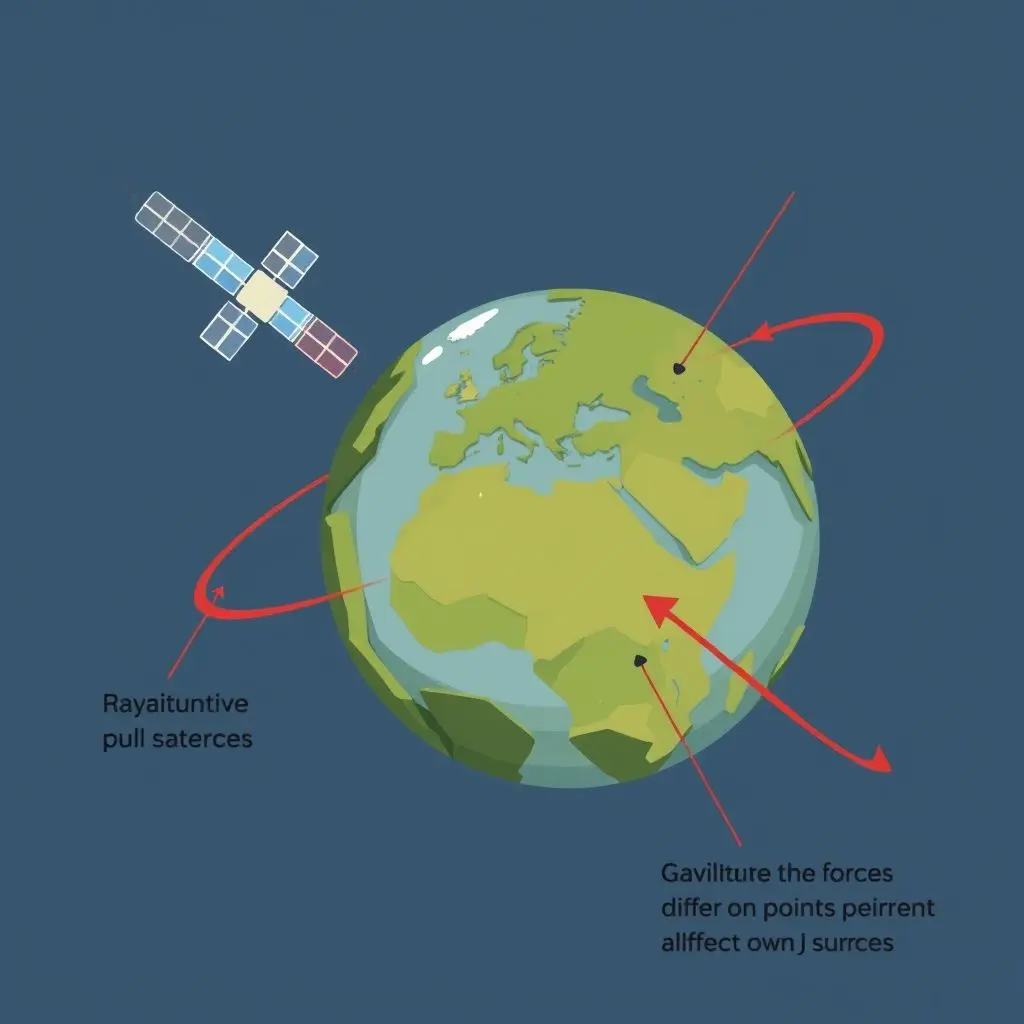 Illustration showing a satellite orbiting an uneven Earth, with arrows indicating varying gravitational pulls on different parts of its orbit.