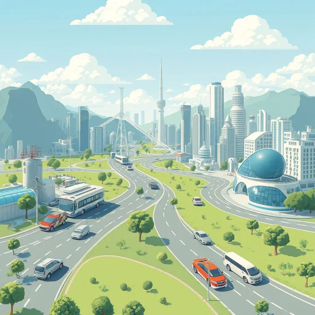 Stylized image of a clean city with advanced, non-polluting vehicles, possibly fusion-powered