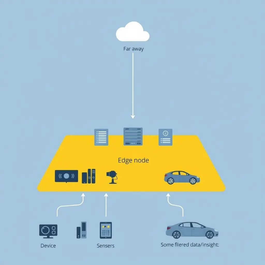 Diagram illustrating different layers of edge computing architecture: devices at the edge, edge nodes/servers closer to devices, and central cloud.