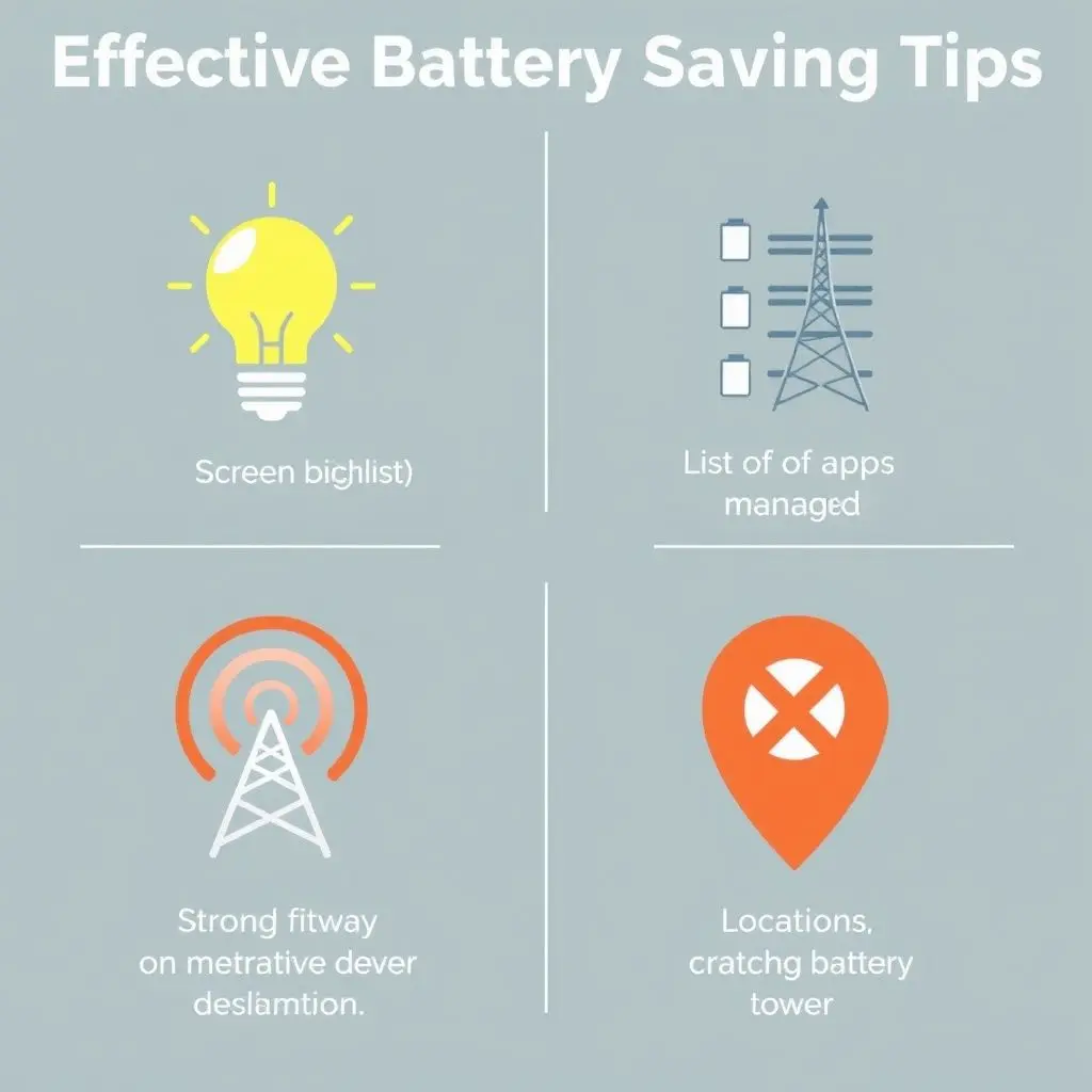 Icons representing effective battery saving tips like screen brightness, background apps, signal