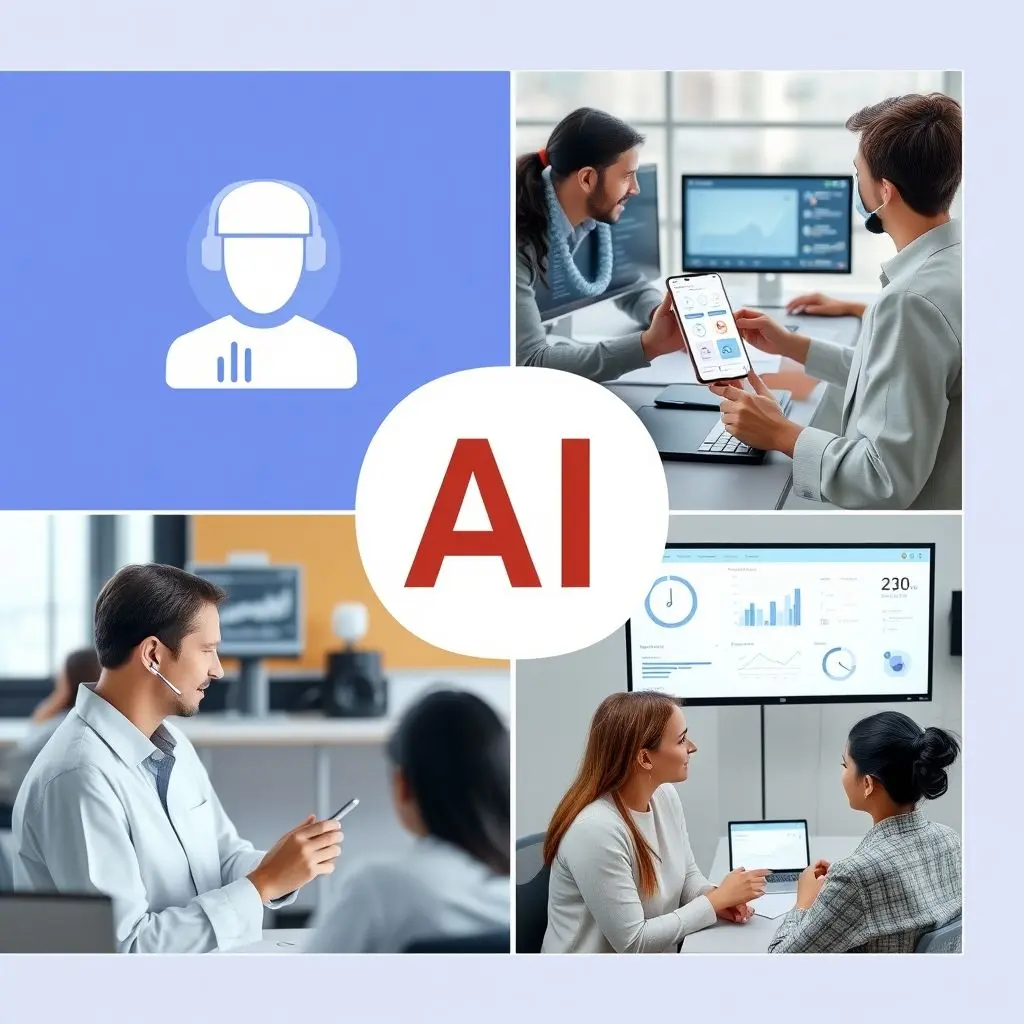 Various scenes depicting Emotional AI applications: customer service, healthcare, education