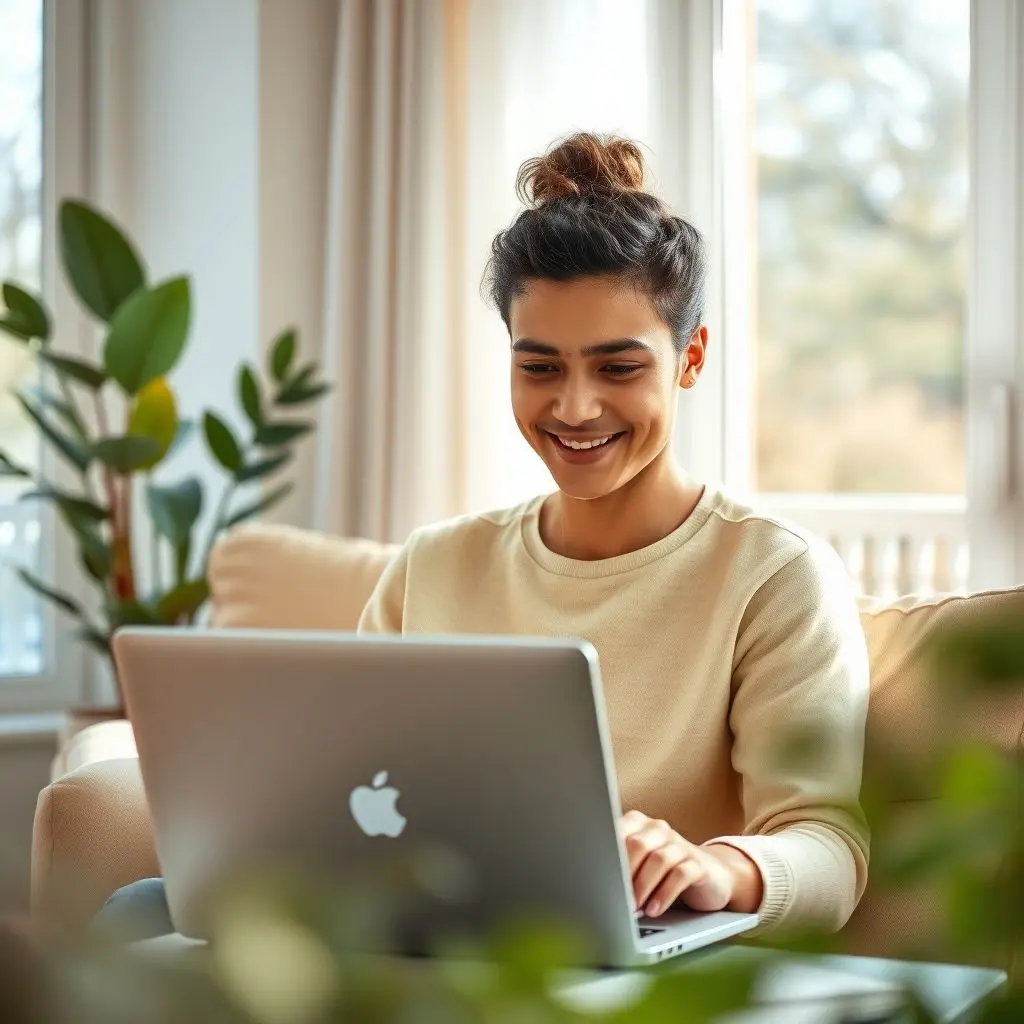 Person happily working on a laptop in a comfortable home environment with a blurred background suggesting personal life activities.