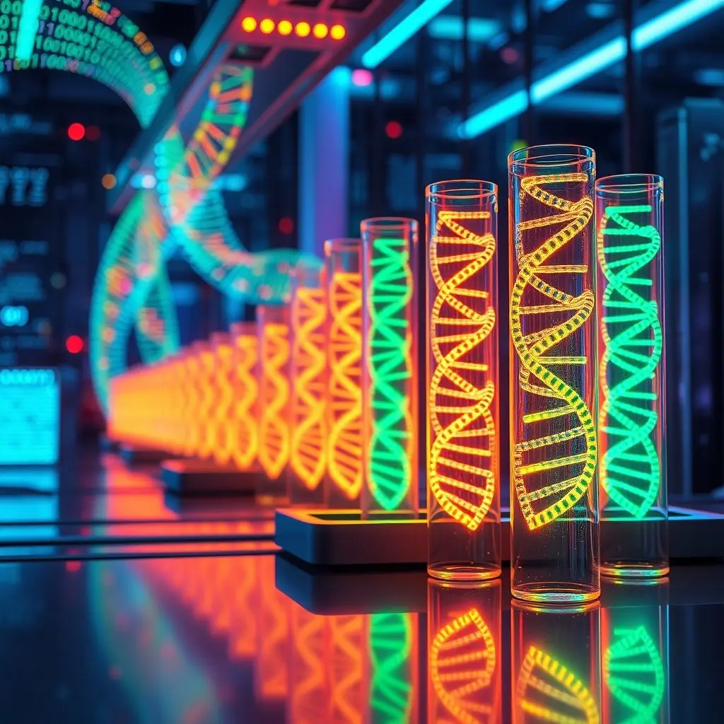 Illustrative diagram showing binary code converting to DNA sequences, leading to synthetic DNA strands in a test tube.