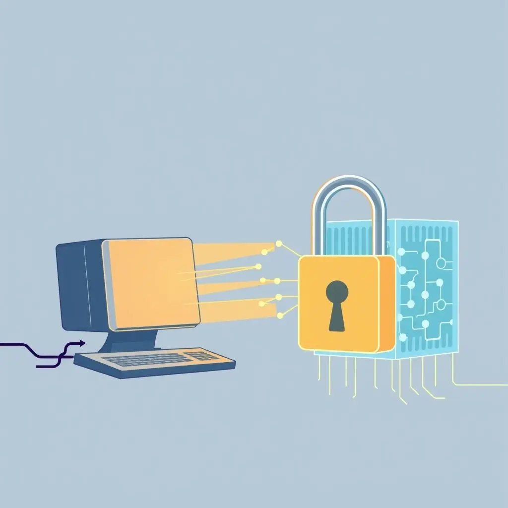 Illustration showing a classic computer struggling with a complex mathematical lock while a quantum computer easily unlocks it