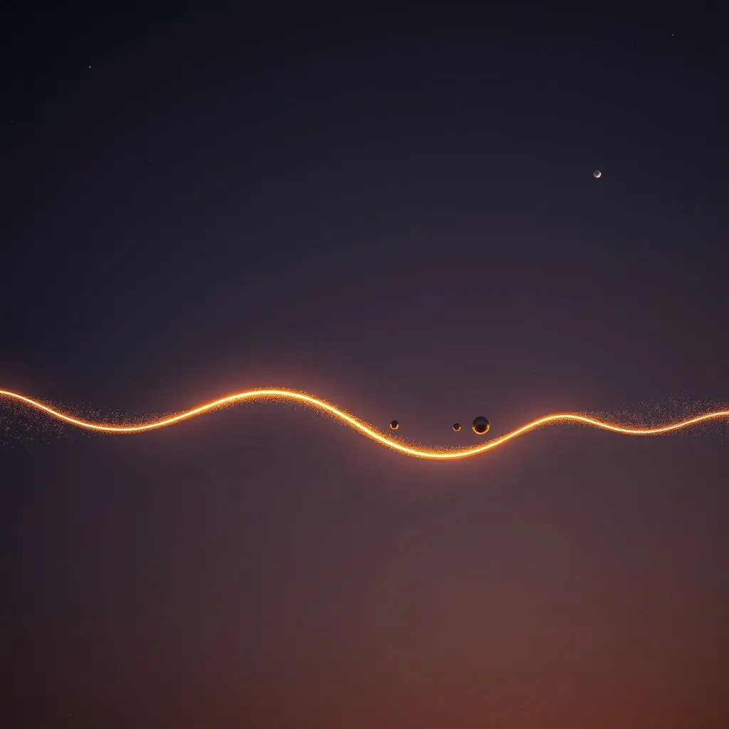 Two small particles shown connected by a wavy line or energy field, symbolizing entanglement across a large distance in space.