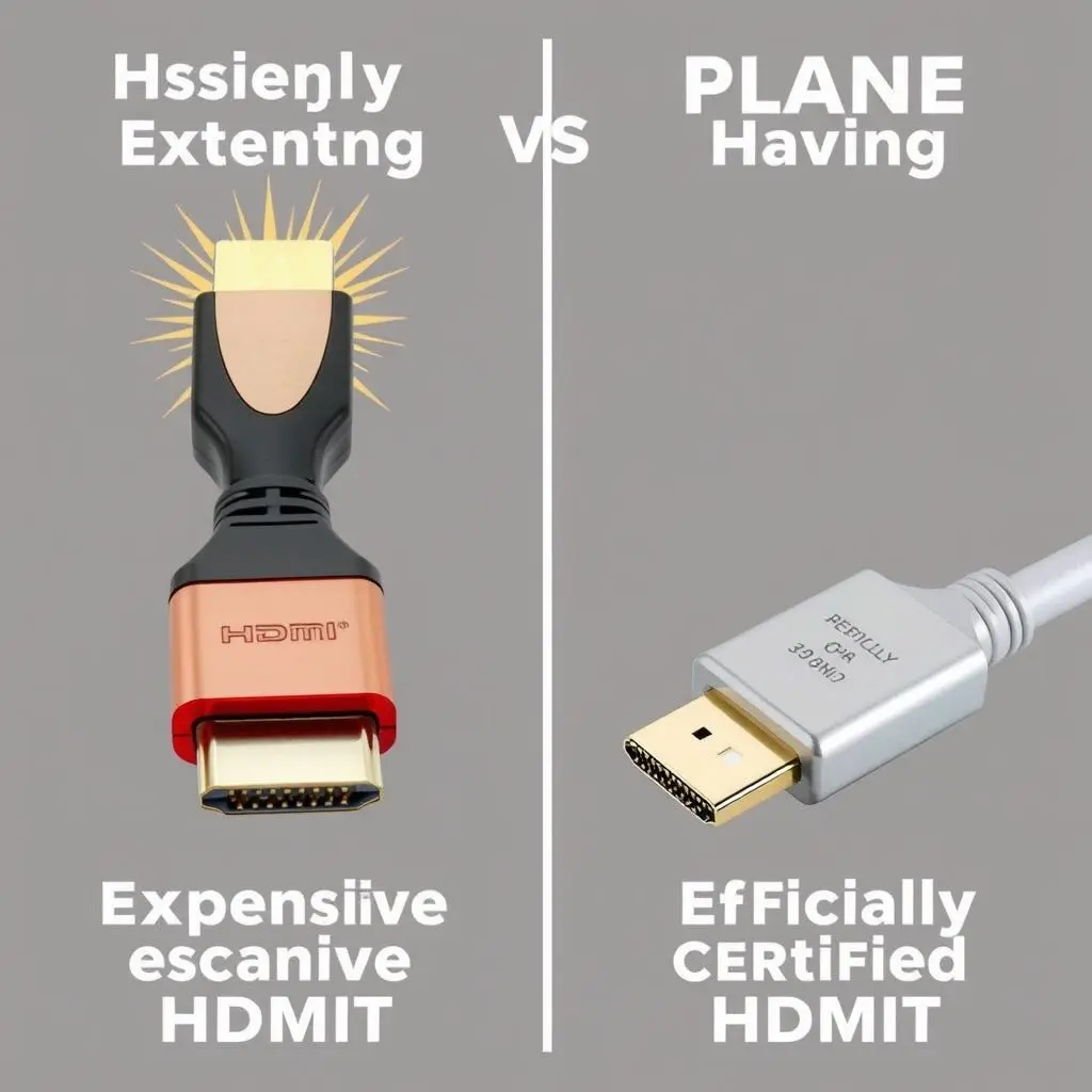 Comparison showing a flashy, expensive HDMI cable next to a plain, standard certified HDMI cable.