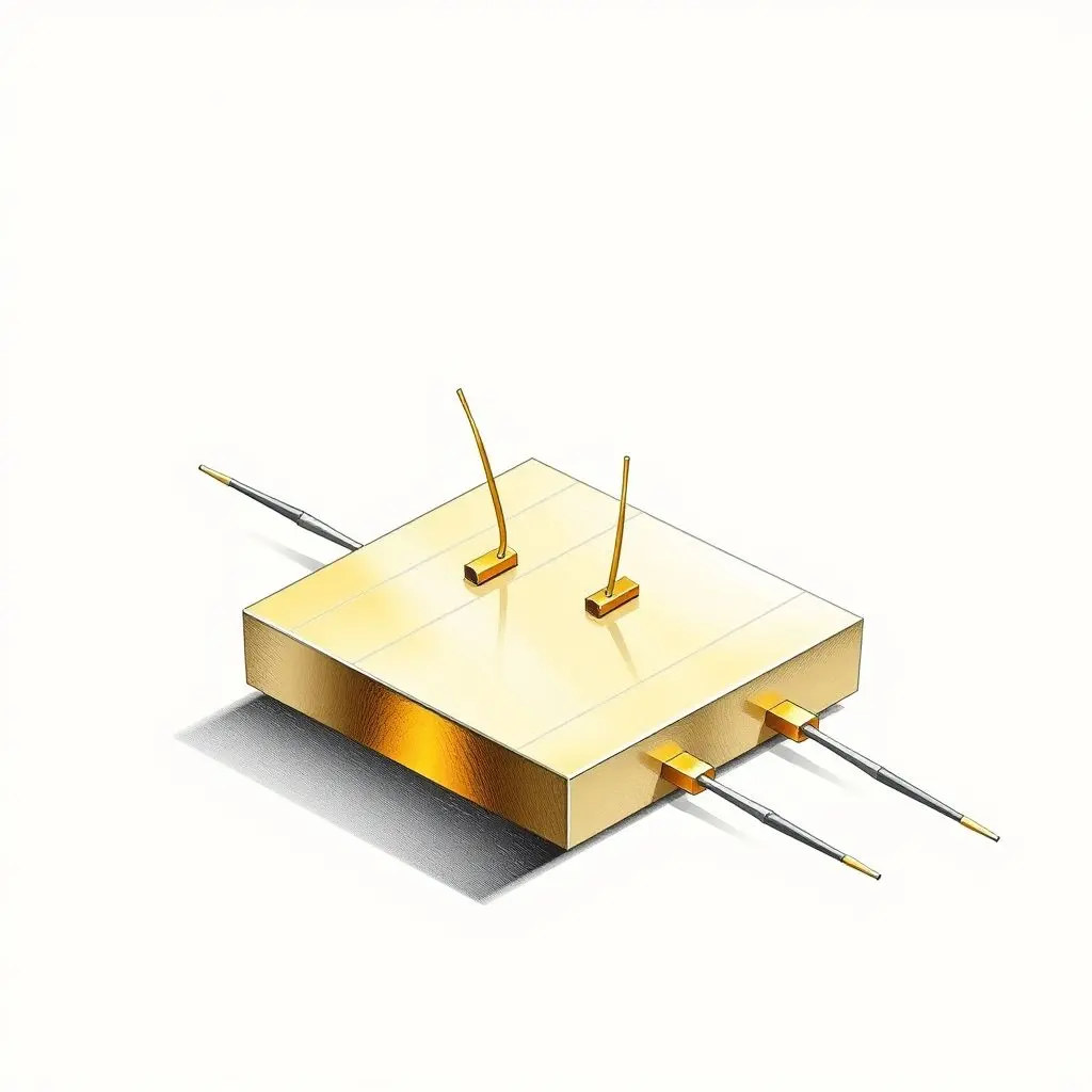 Illustration of the first point-contact transistor prototype with germanium crystal and gold contacts.