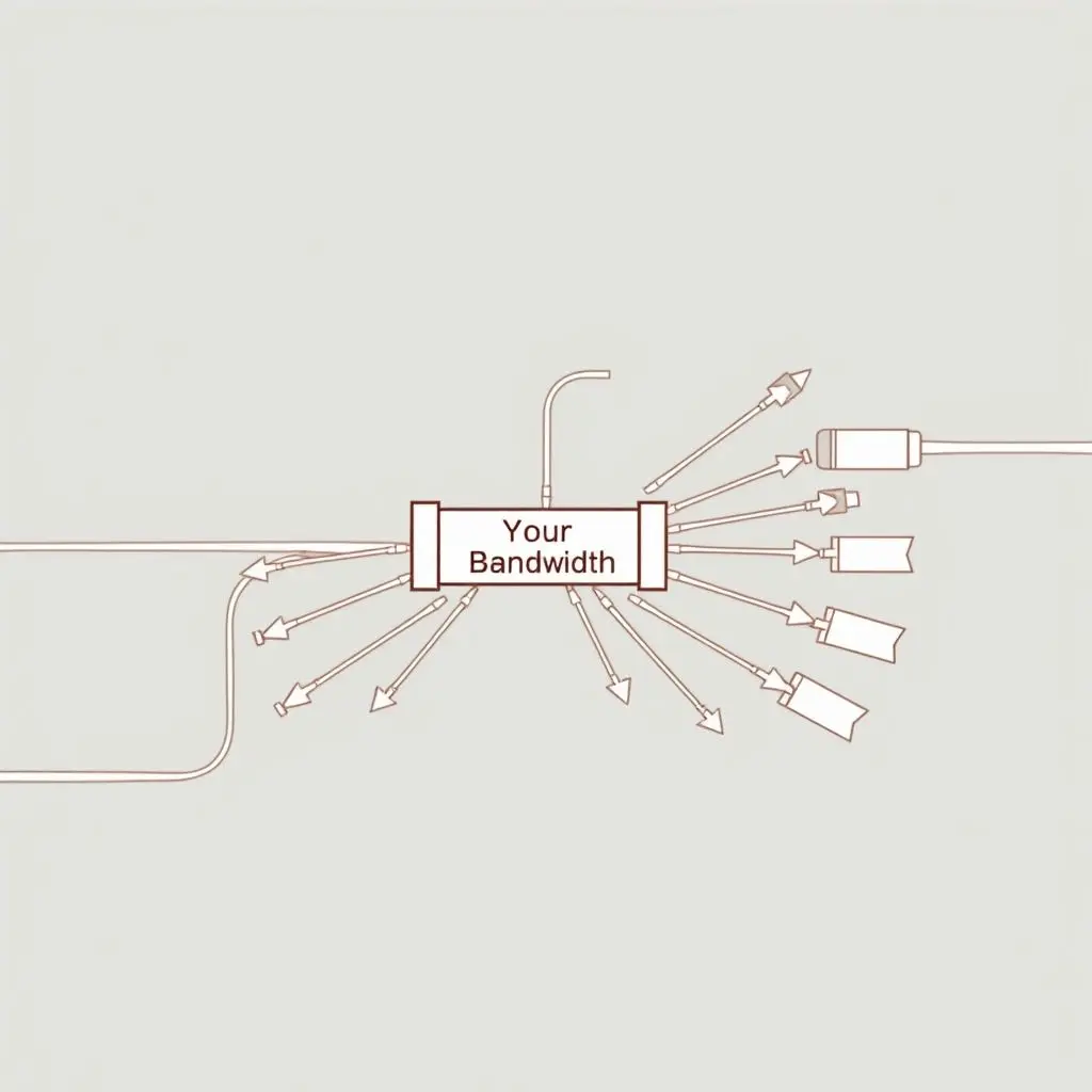 Illustration depicting a network connection represented as pipes, with one pipe labeled 'Your Bandwidth' being tapped into by many other pipes, symbolizing bandwidth sharing risk of free VPNs.
