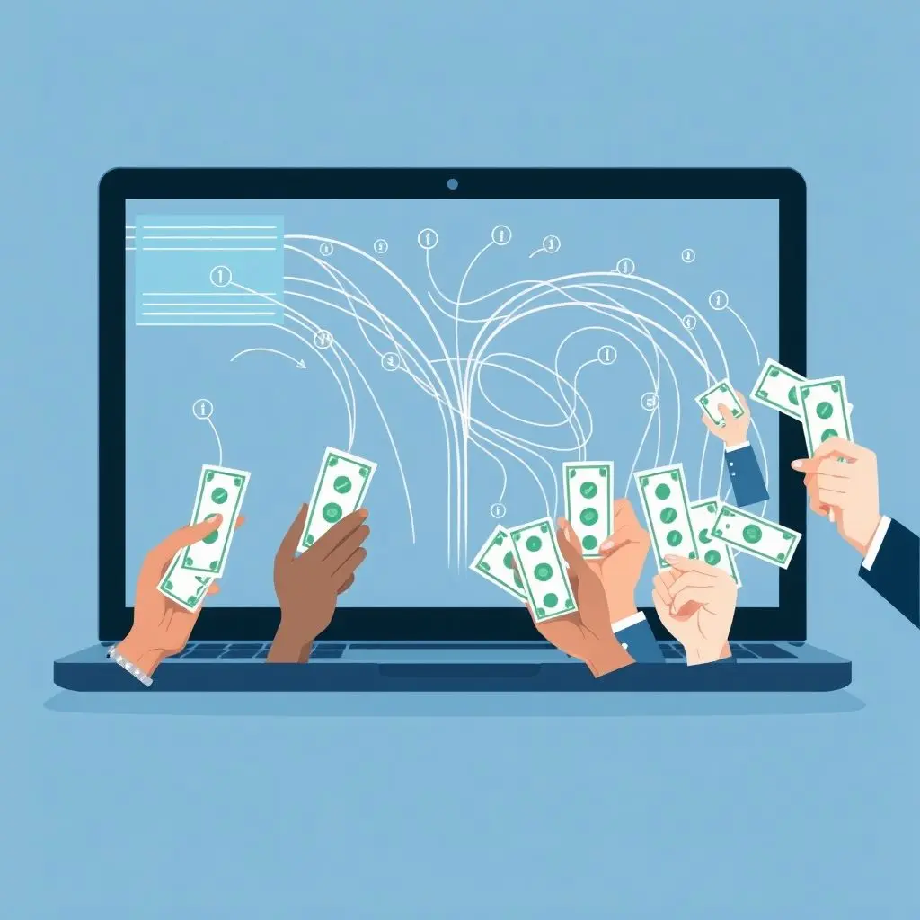 Illustration showing user data flowing from a computer into multiple hands holding money, representing data selling by free VPNs.