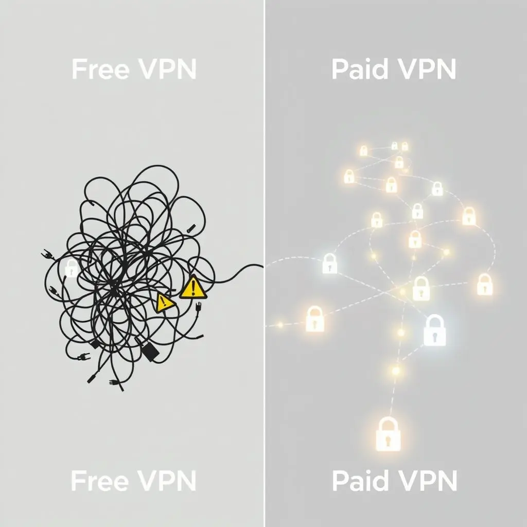 Split illustration showing on one side a slow, cluttered, risky connection (free VPN) and on the other side a fast, secure, clean connection (paid VPN).