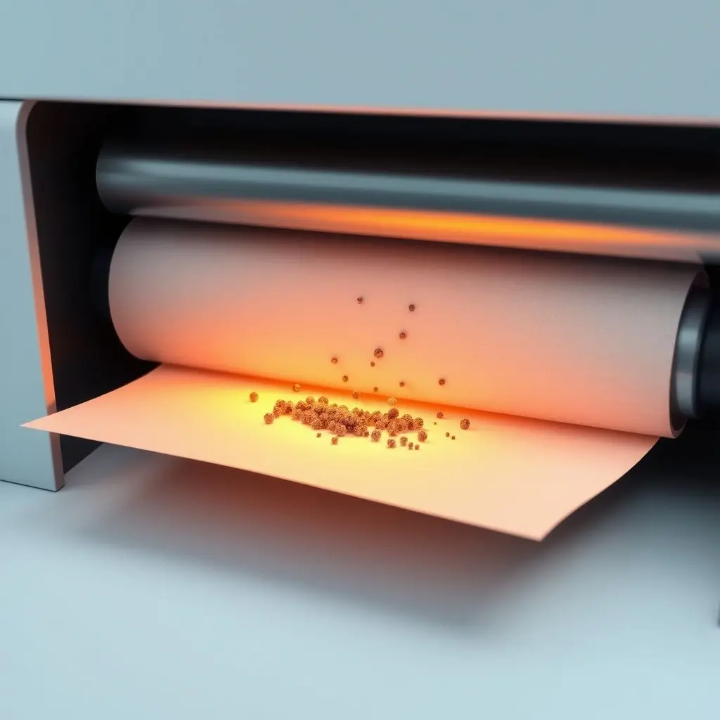 Illustration of fuser rollers applying heat and pressure to paper with toner