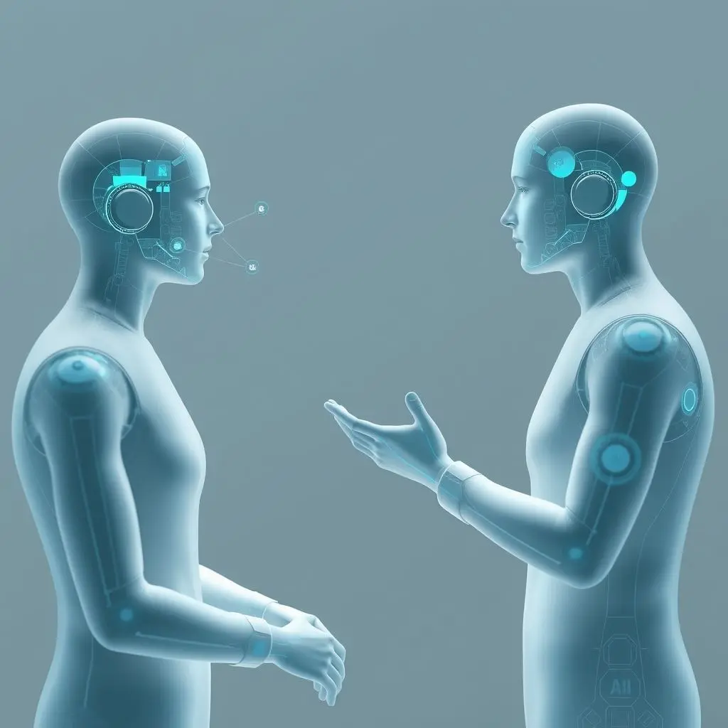 Conceptual image showing human interaction augmented by subtle AI analysis icons or overlays, representing a hybrid future.