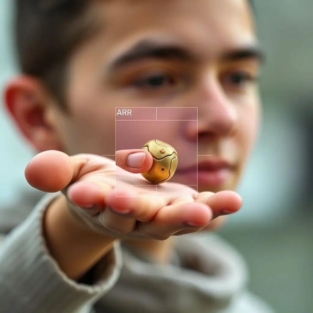 Person looking at their hand with subtle AR overlay showing information about an object they are holding