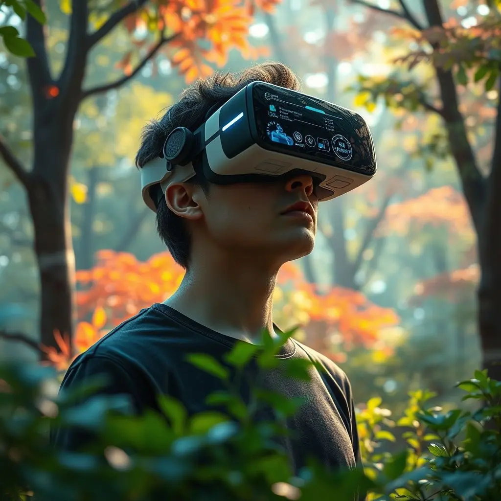 Futuristic scene showing a person using VR goggles experiencing a digital environment enhanced with olfactory feedback.