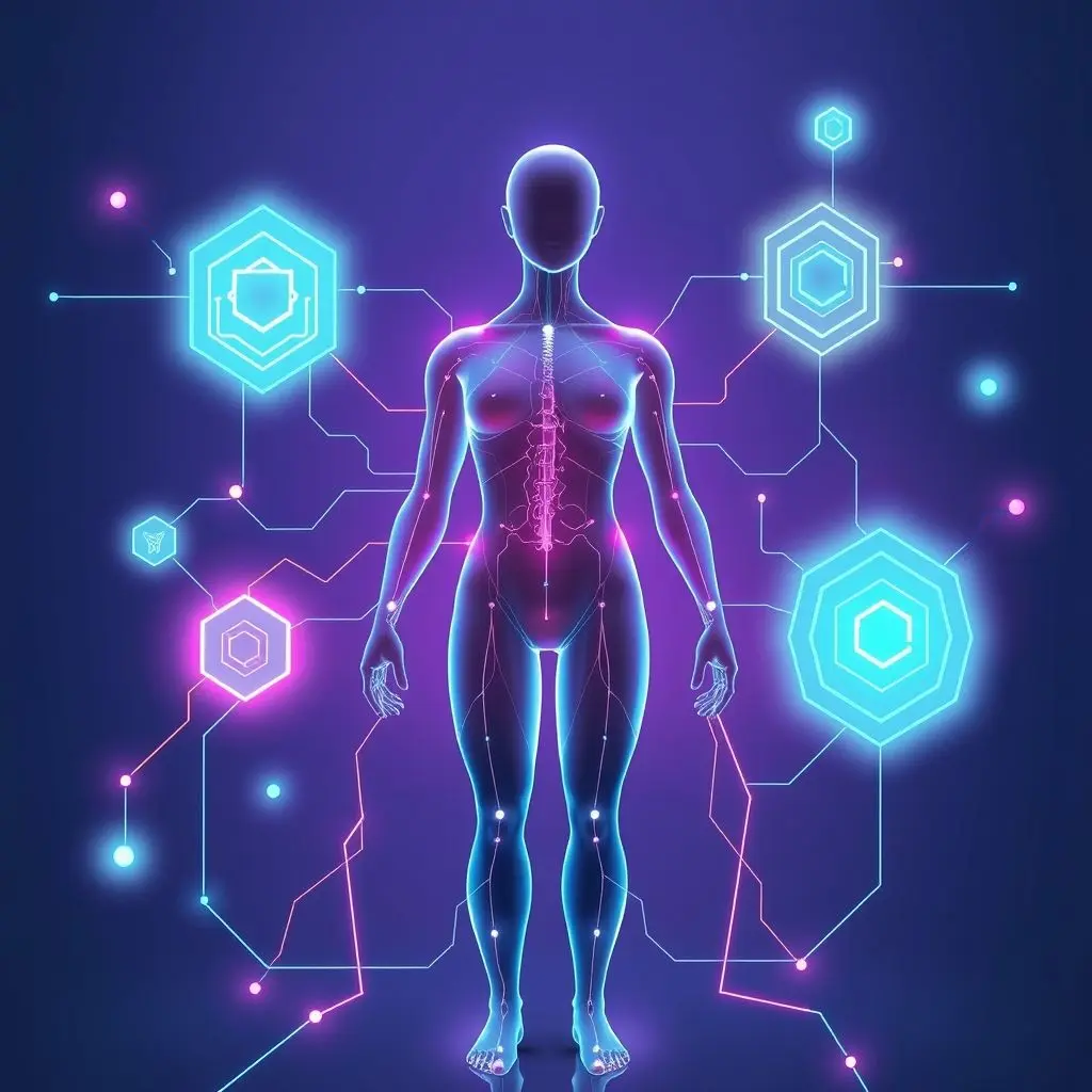 Futuristic representation of human body connected to data network, showing health monitoring