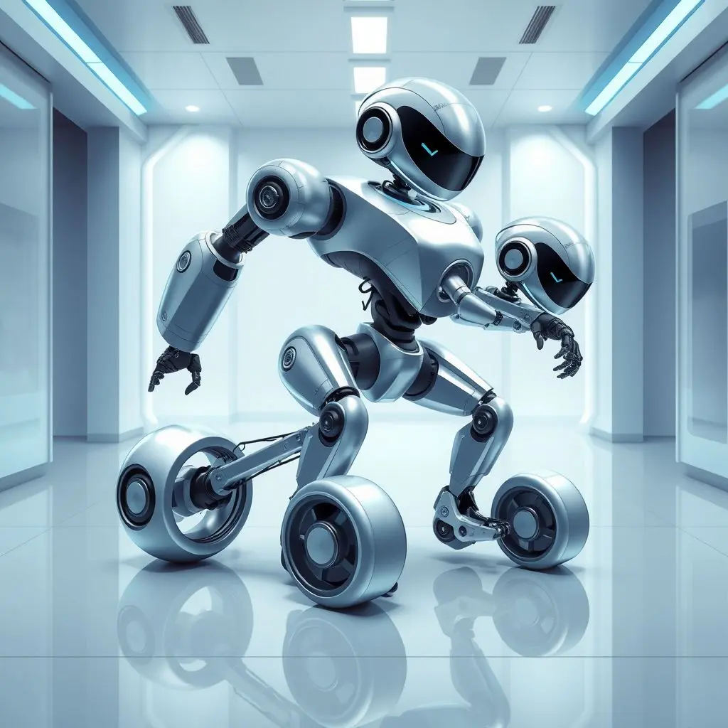 Illustration of a sleek, futuristic robot changing its physical form to fit through a narrow opening