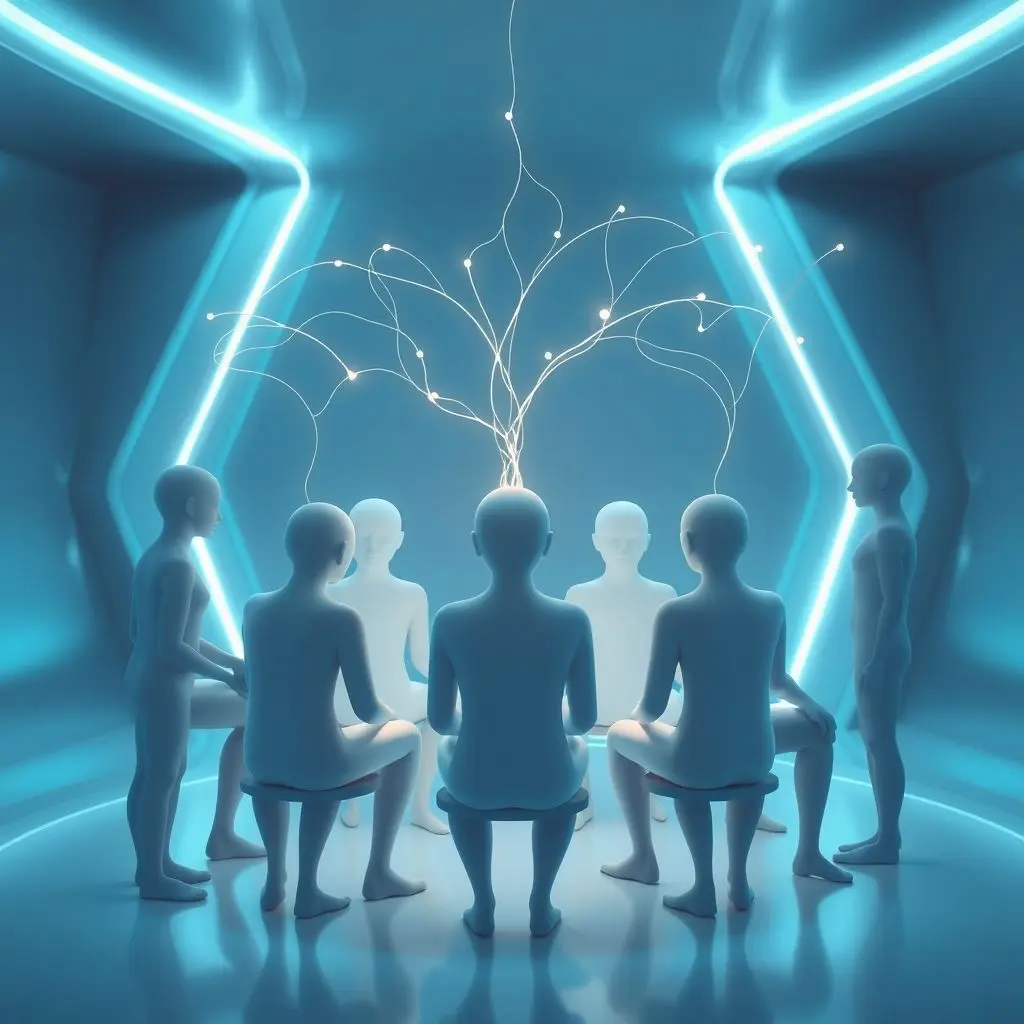 Illustration of multiple abstract human figures with glowing neural connections between their heads, suggesting collaboration.