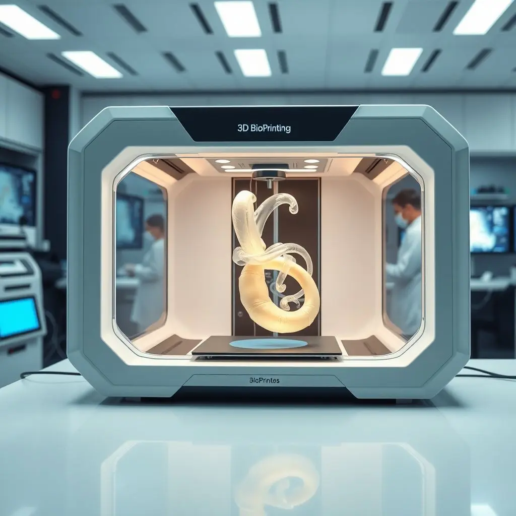 Futuristic lab scene with a 3D bioprinter printing an organ