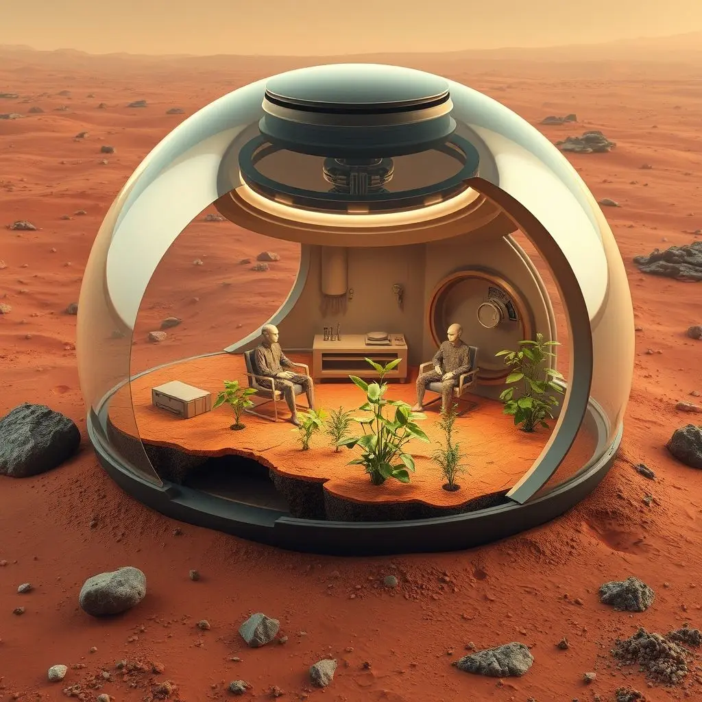 Futuristic domed habitat on Mars, protecting human life within a breathable environment