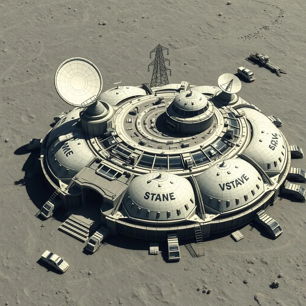 Detailed artist's rendering of a self-sustaining futuristic lunar base with multiple domes, power arrays, and vehicles.
