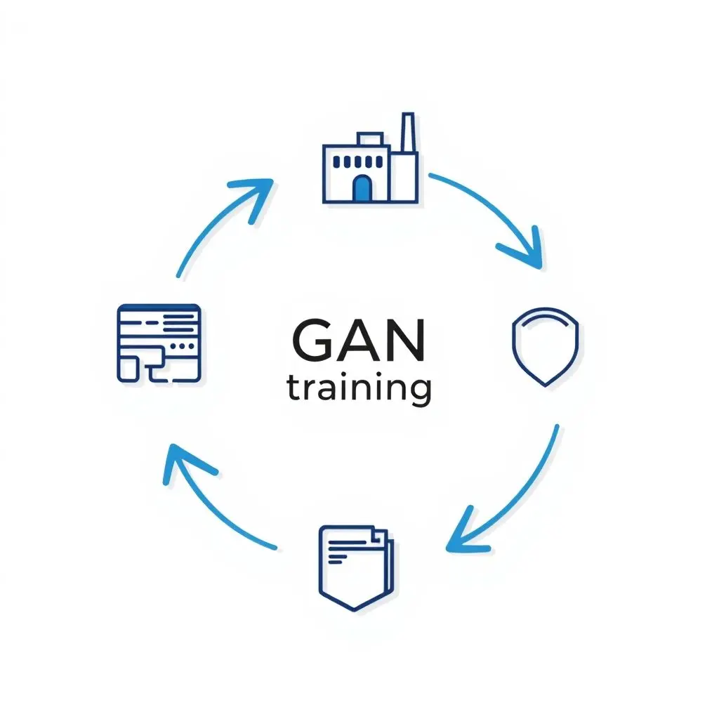 Diagram showing the GAN training process with arrows between Generator, Discriminator, Real Data, and Feedback.