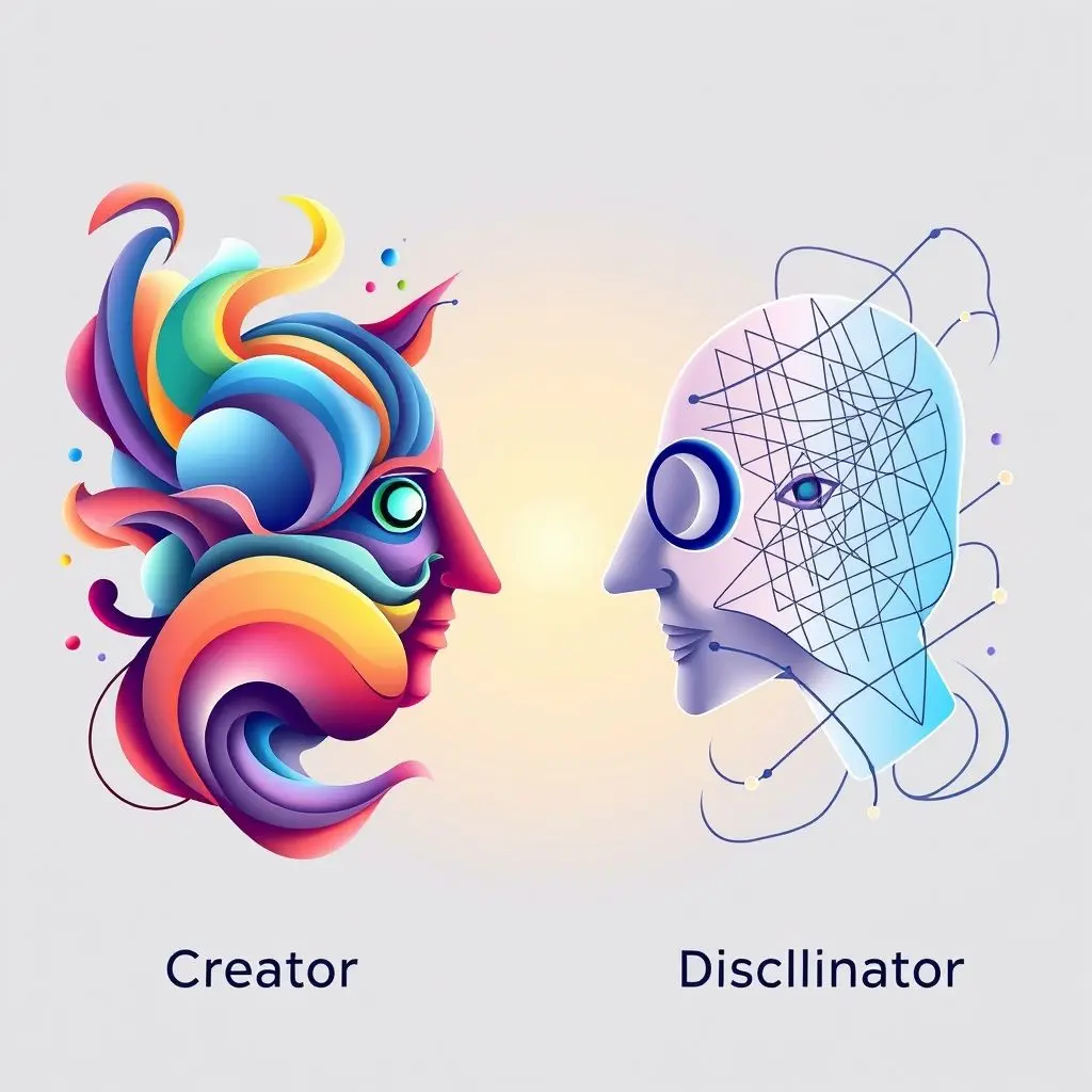 Illustration of a Generator AI model competing against a Discriminator AI model.