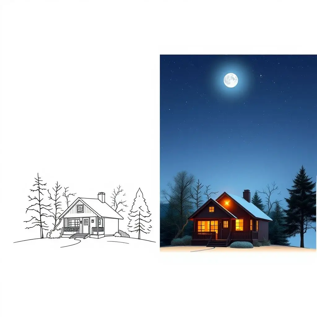 Split image showing image-to-image translation, like transforming a day scene into a night scene or a sketch into a photo.