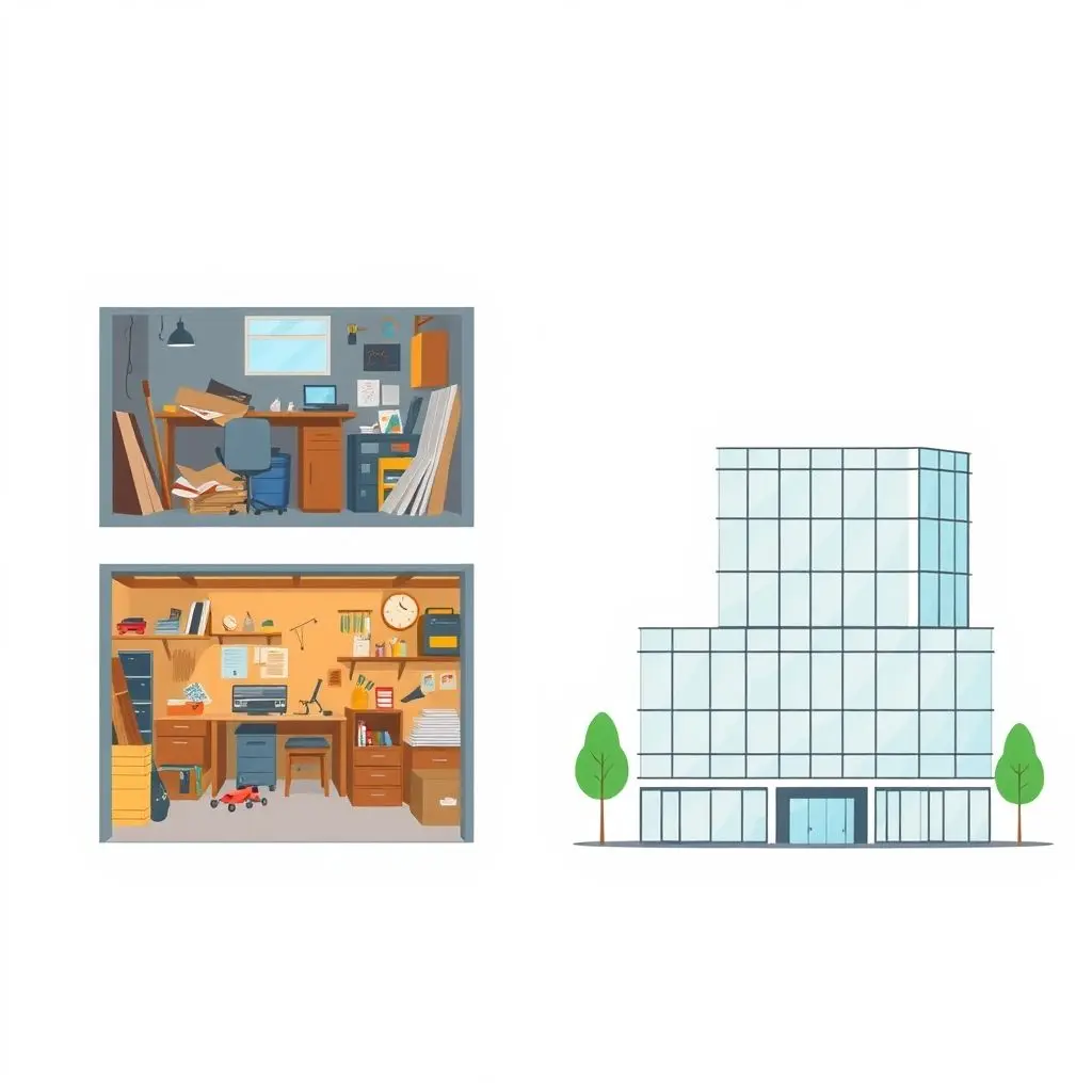 Illustrative image showing a progression from a humble garage workshop to a modern tech office building