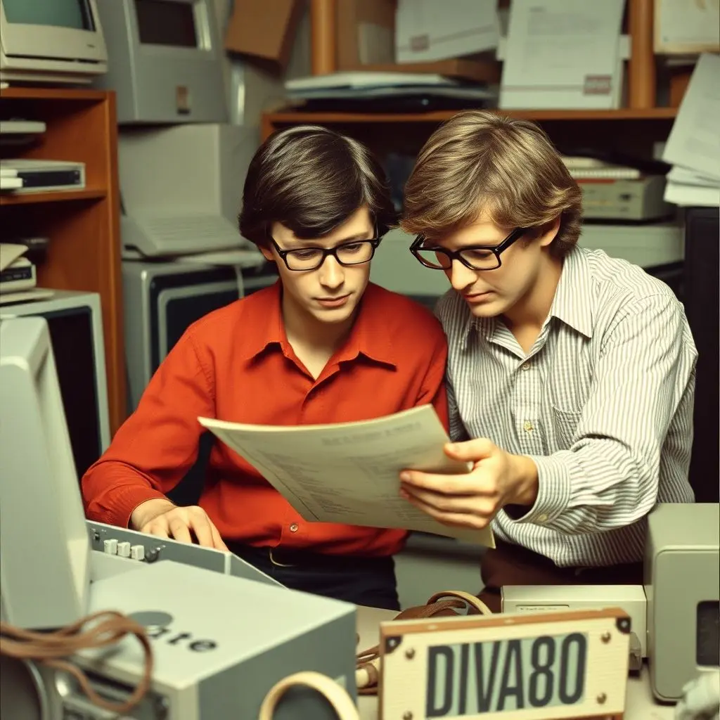 Stylized image representing young Bill Gates and Paul Allen working on code related to the Altair 8800