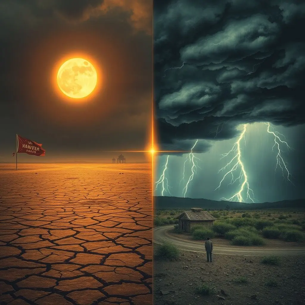 Two regions experiencing engineered weather extremes, symbolizing conflict over resources