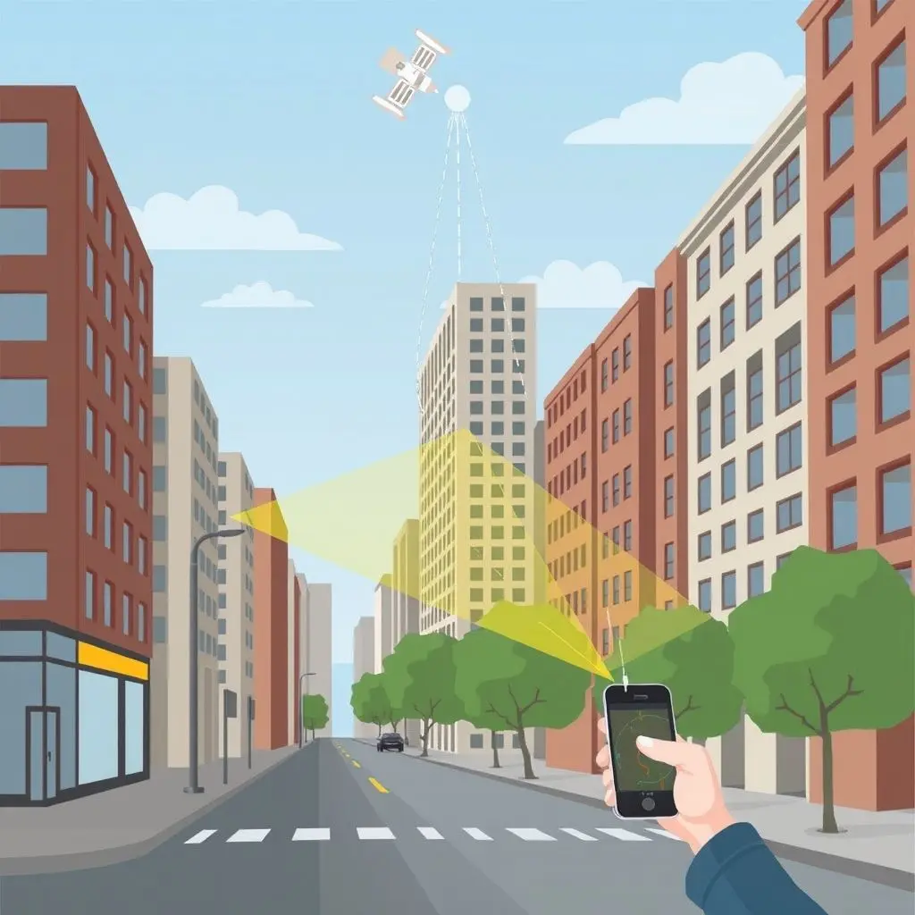 Illustration showing a GPS signal bouncing off buildings before reaching a receiver, causing a multipath error.