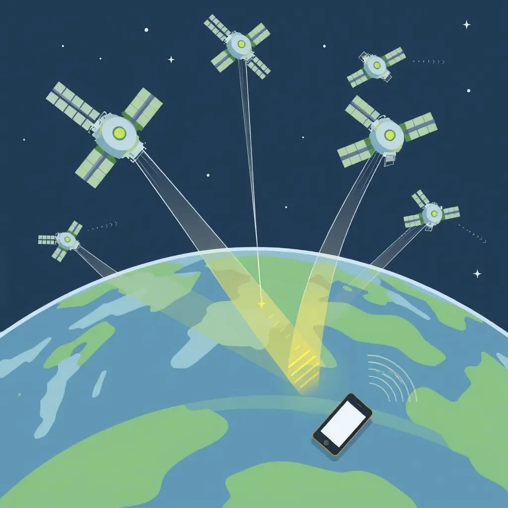Illustration of GPS satellites orbiting Earth and sending radio signals down to a receiver on the surface.