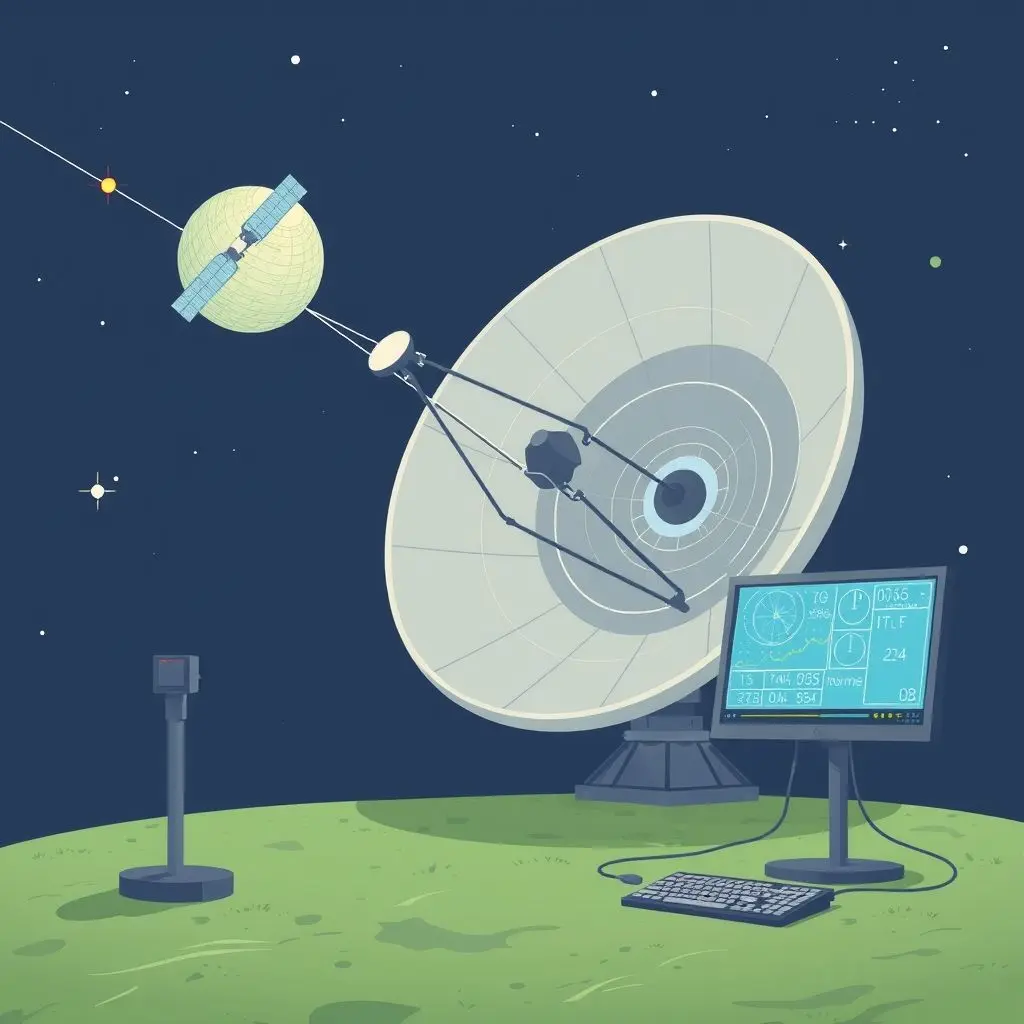 Illustration of a satellite dish at a ground station with lines connecting to a computer screen showing orbital data.