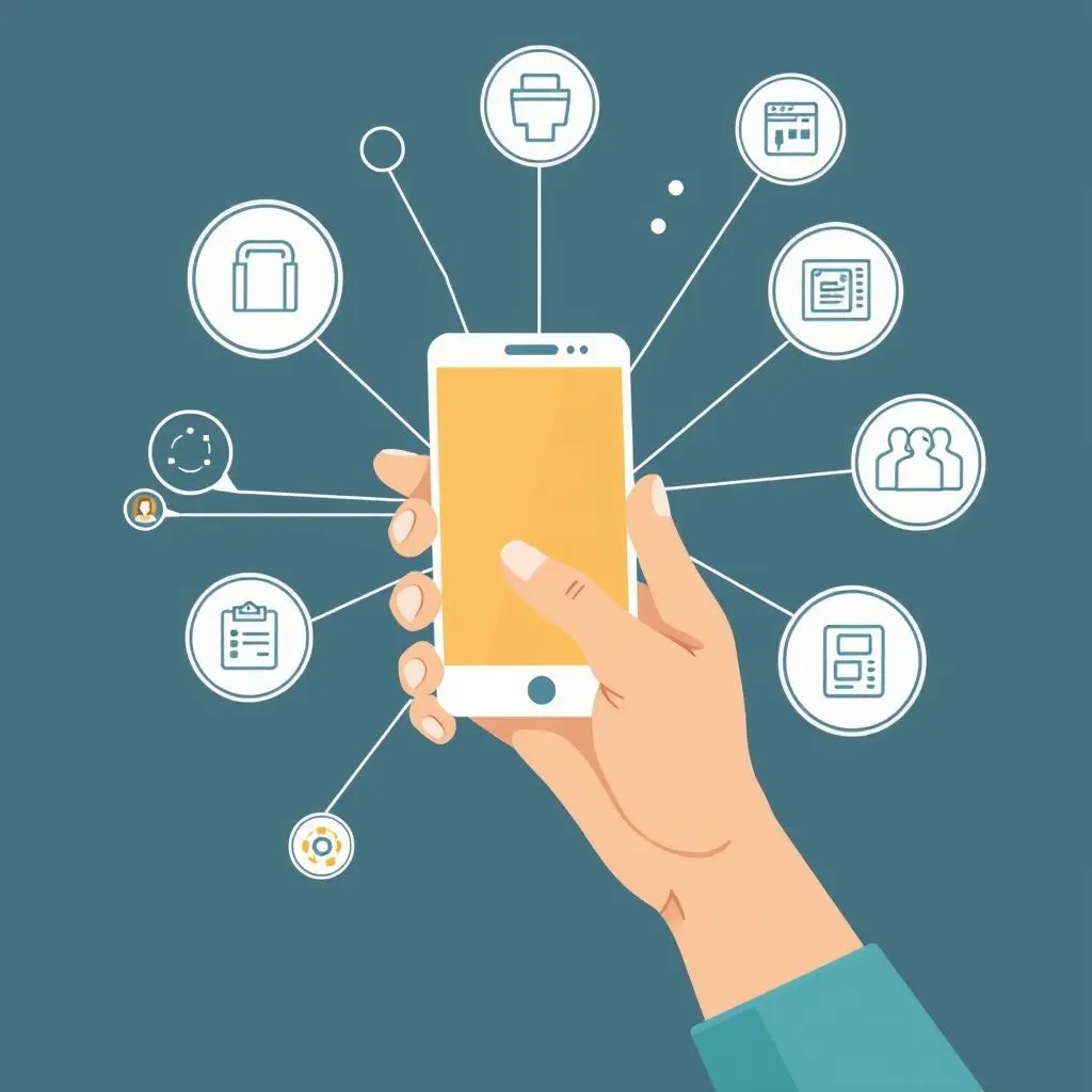 Abstract illustration showing a hand holding a phone with lines and nodes connecting to various concepts representing control and data management.