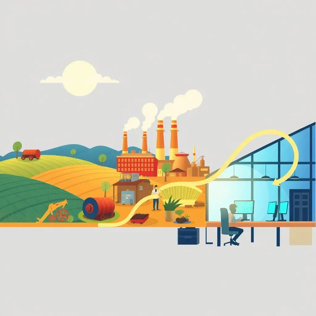 Illustration showing historical technological shifts impacting jobs - from agriculture to industry to digital