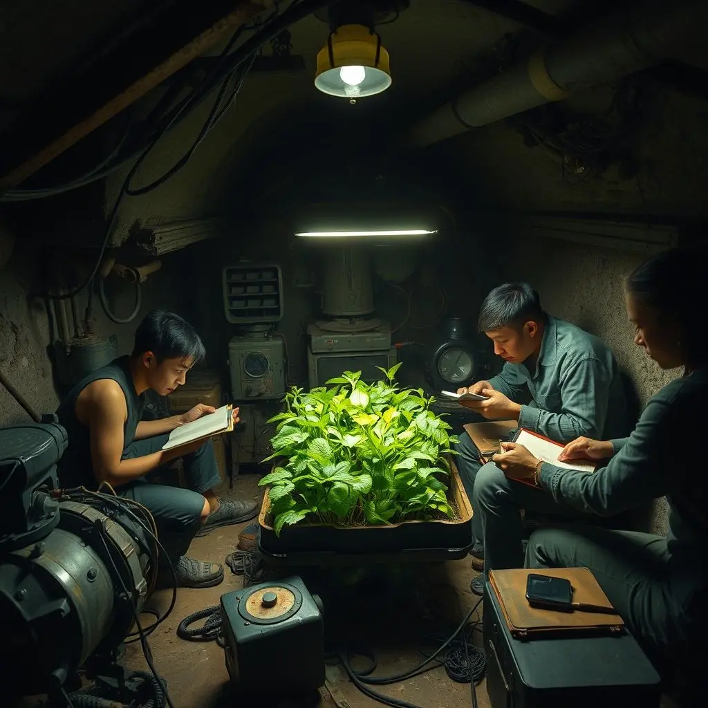 A small group of determined people working together in a challenging, perhaps underground or protected, environment, symbolizing adaptation and survival.