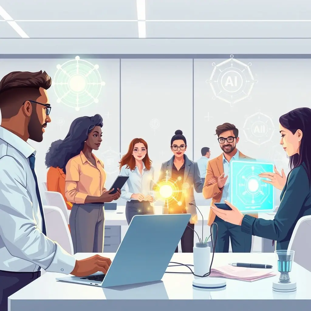 Diverse humans collaborating with AI interfaces in a modern workplace setting